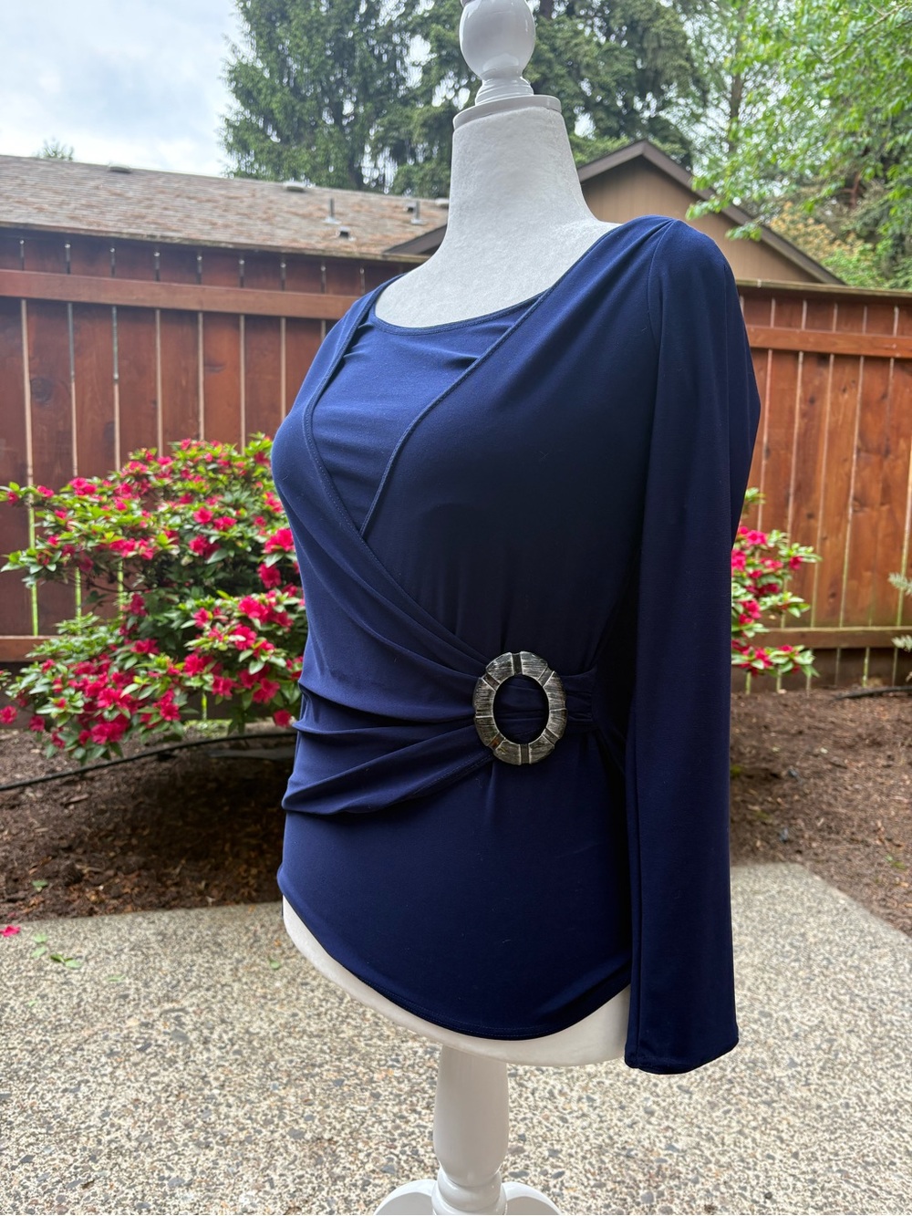 jason maxwell Navy Ruched Wrap-Front Long Sleeve Top with Decorative Buckle